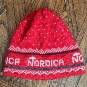 Vintage Stowe Woolens, 100% Wool Red and White Nordica Ski Beanie, Made in USA